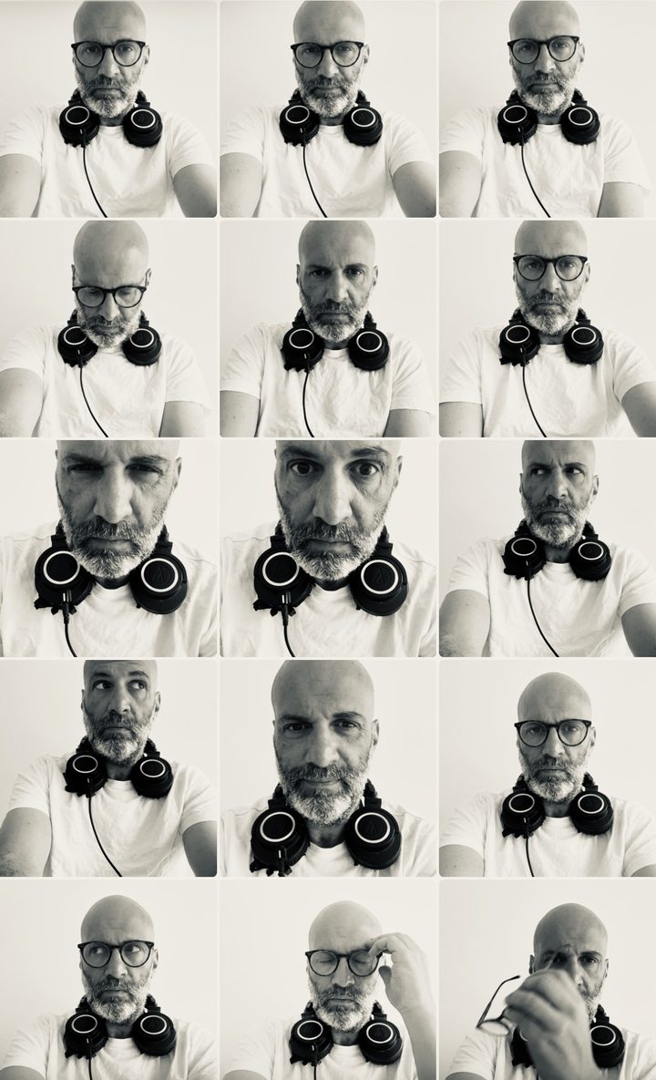 Marc Constantí — a grid of black-and-white self-portraits with DJ headphones around his neck